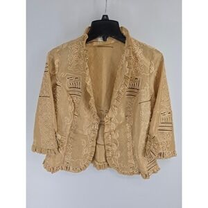 Agora Gold Embroidered Ruffle Blazer Jacket Soutache 3/4 Sleeve Women Small